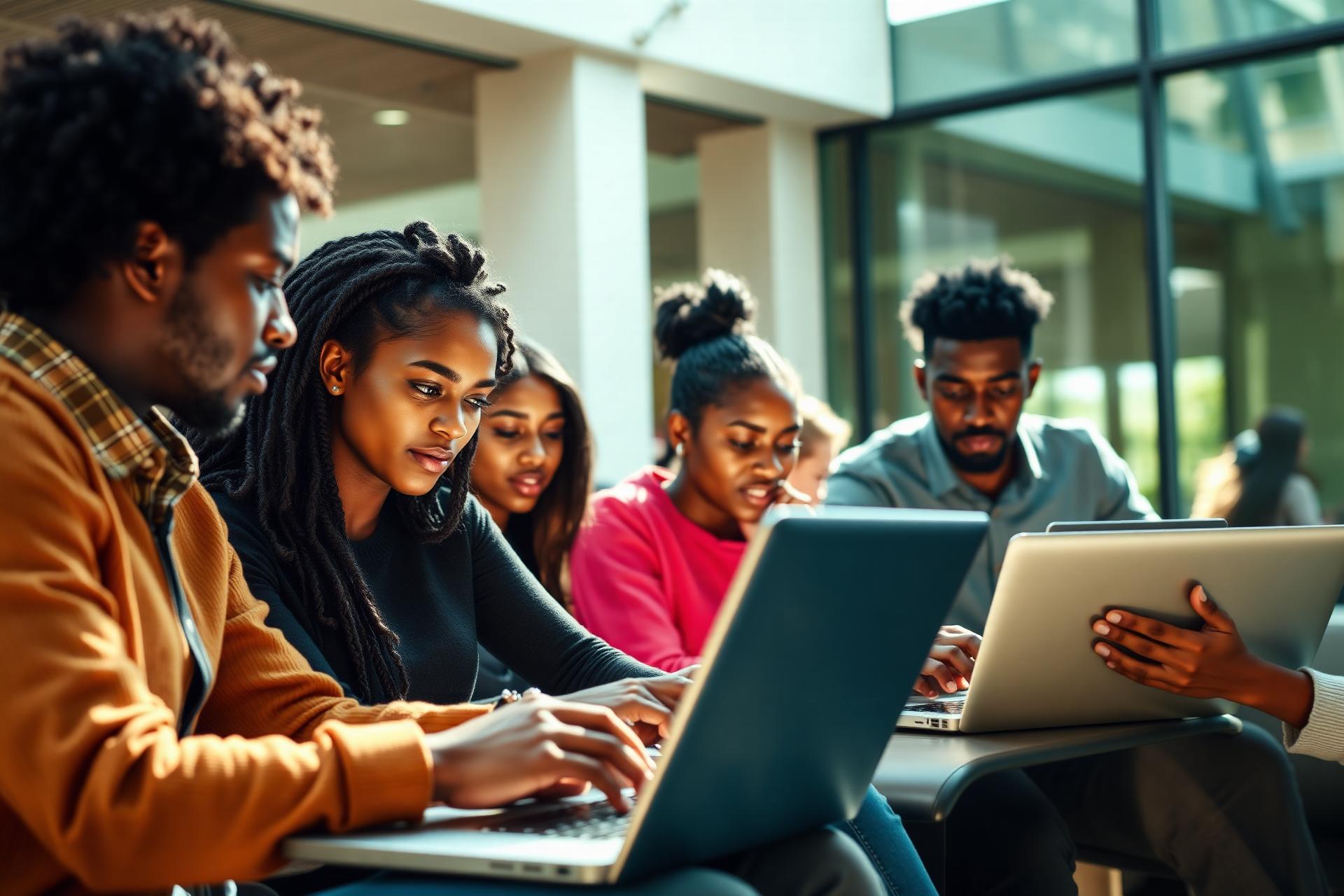 African university students collaborating on laptops